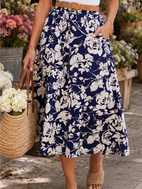 a new day Dresses & Skirts - a new day Navy and White Floral A-Line Midi Skirt